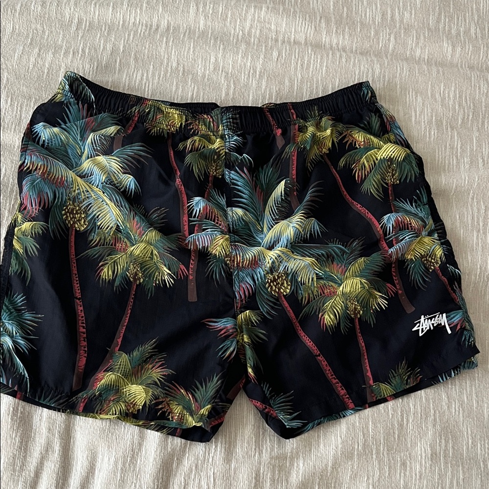 Stussy Black Palm Print Swim Trunks